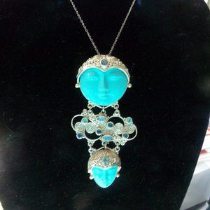 Rare Sajen Offerings SS Double Turquoise Goddesses W/Gems Pin/Pendant